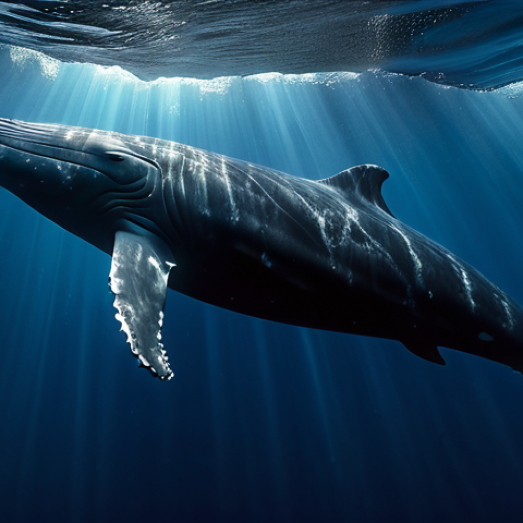 A majestic Sperm Whale gracefully descending into the deep, dark blue ocean abyss. Faint rays of ethereal sunlight pierce through the water from above, illuminating swirling, subtle bioluminescent plankton. The whale's powerful, streamlined body is in a natural, calm pose, showcasing its incredible adaptation to immense pressure. Emphasize the sense of a vast deep-sea environment and the animal's natural resilience. High detail, ultra-realistic, professional wildlife photography, cinematic lighting, volumetric light. Perfect anatomy, correct proportions, well-formed flukes and fins, natural body proportions. Safe for work, appropriate content, fully clothed, modest, family-friendly.