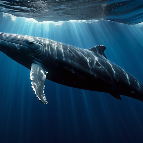 Home 4 A majestic Sperm Whale gracefully descending into the deep, dark blue ocean abyss. Faint rays of ethereal sunlight pierce through the water from above, illuminating swirling, subtle bioluminescent plankton. The whale's powerful, streamlined body is in a natural, calm pose, showcasing its incredible adaptation to immense pressure. Emphasize the sense of a vast deep-sea environment and the animal's natural resilience. High detail, ultra-realistic, professional wildlife photography, cinematic lighting, volumetric light. Perfect anatomy, correct proportions, well-formed flukes and fins, natural body proportions. Safe for work, appropriate content, fully clothed, modest, family-friendly.