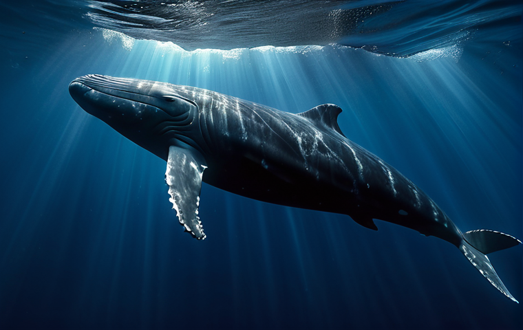 A majestic Sperm Whale gracefully descending into the deep, dark blue ocean abyss. Faint rays of ethereal sunlight pierce through the water from above, illuminating swirling, subtle bioluminescent plankton. The whale's powerful, streamlined body is in a natural, calm pose, showcasing its incredible adaptation to immense pressure. Emphasize the sense of a vast deep-sea environment and the animal's natural resilience. High detail, ultra-realistic, professional wildlife photography, cinematic lighting, volumetric light. Perfect anatomy, correct proportions, well-formed flukes and fins, natural body proportions. Safe for work, appropriate content, fully clothed, modest, family-friendly.