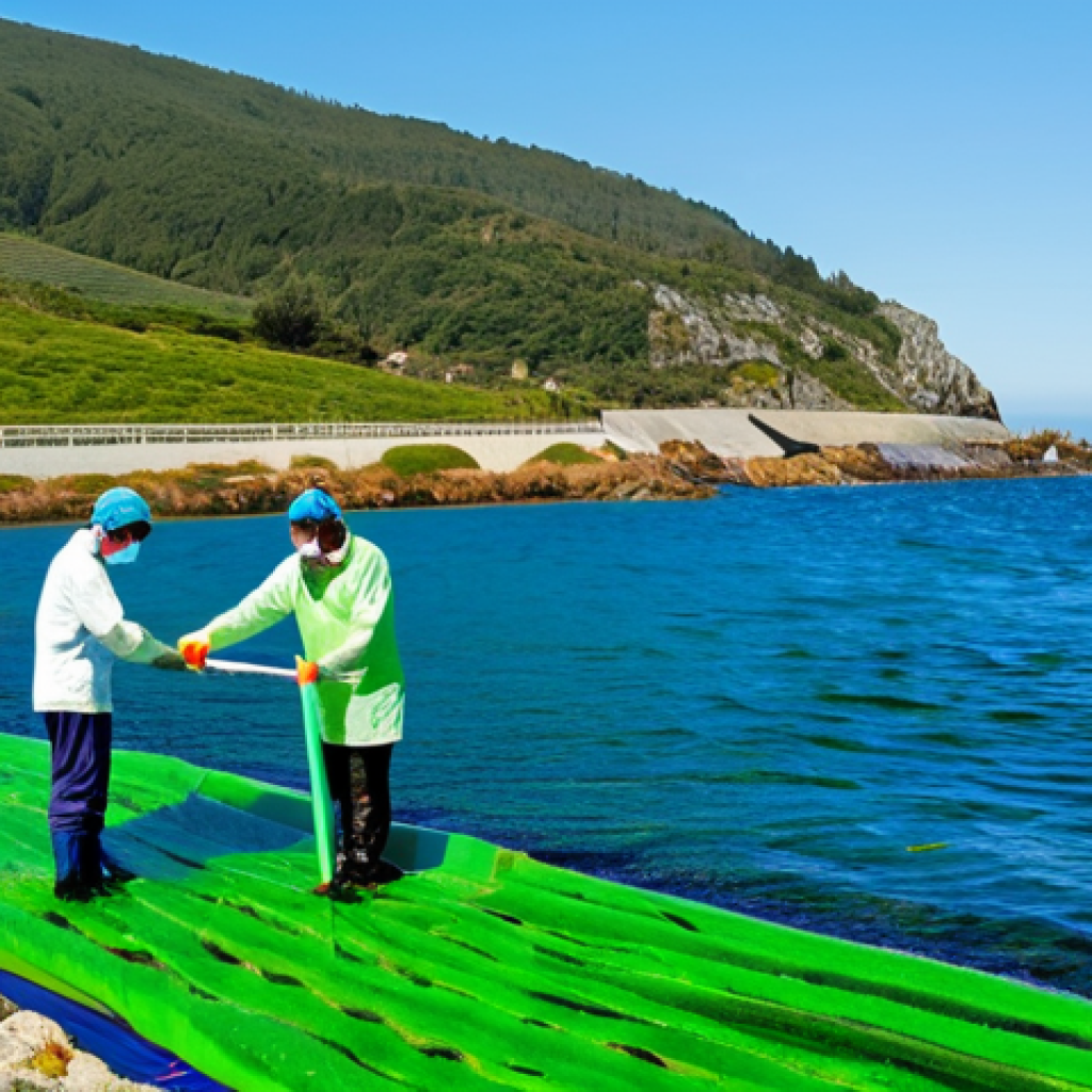 해양 바이오매스 에너지 - Algae Harvesting in Galicia** "A sunny coastal scene in Galicia, Spain, showcasing researchers harv...