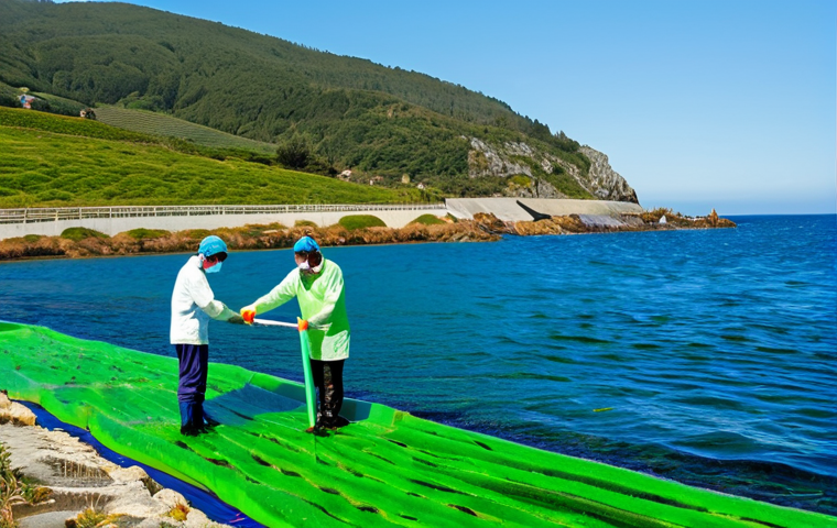 해양 바이오매스 에너지 - Algae Harvesting in Galicia** "A sunny coastal scene in Galicia, Spain, showcasing researchers harv...