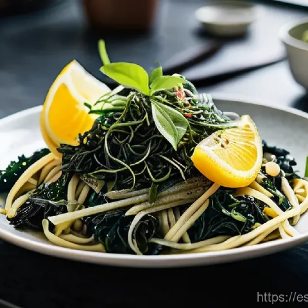 해양 조류 Algae 와 산업적 활용 - **Prompt 1: Culinary Ocean Feast** A detailed, brightly lit photograph of a modern, organized ki...