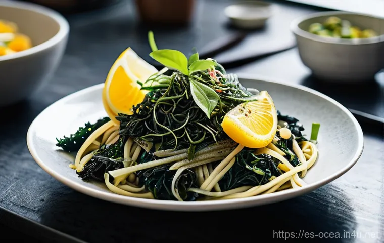 해양 조류 Algae 와 산업적 활용 - **Prompt 1: Culinary Ocean Feast** A detailed, brightly lit photograph of a modern, organized ki...