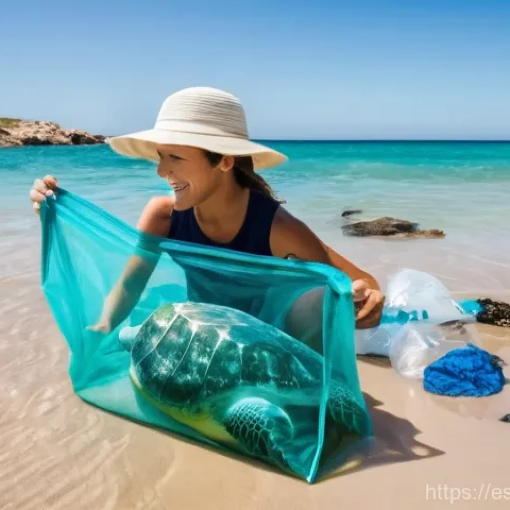 해양생태계 보전 - **Prompt:** A vibrant, sun-drenched beach cleanup scene on the picturesque Cadiz coast of Spain. A d...