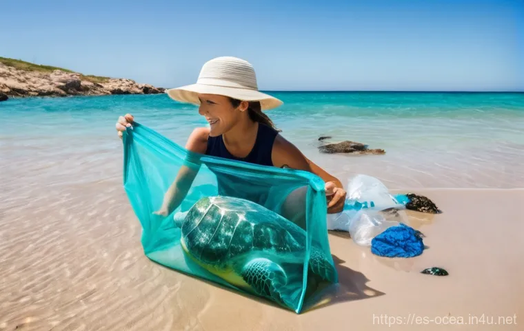 해양생태계 보전 - **Prompt:** A vibrant, sun-drenched beach cleanup scene on the picturesque Cadiz coast of Spain. A d...