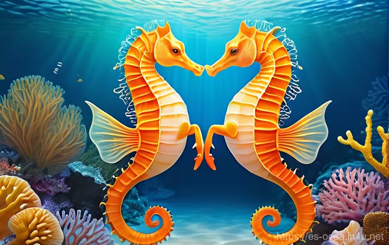 해양생물의 번식 전략 - **Prompt:** A serene underwater scene depicting two seahorses (Hippocampus) engaged in their delicat...