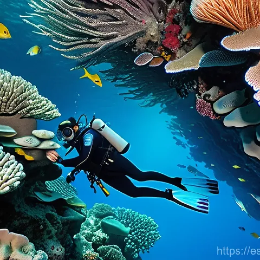 대양 생태계와 기후 변화 - **A scuba diver in a full, form-fitting wetsuit, wearing a mask, fins, and carrying a camera, observ...