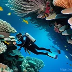 대양 생태계와 기후 변화 - **A scuba diver in a full, form-fitting wetsuit, wearing a mask, fins, and carrying a camera, observ...