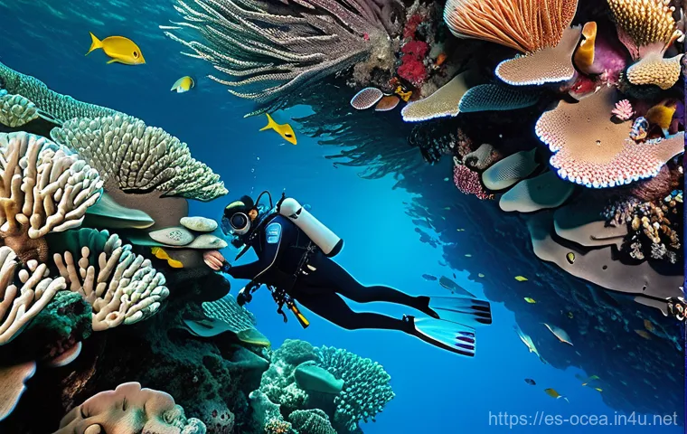 대양 생태계와 기후 변화 - **A scuba diver in a full, form-fitting wetsuit, wearing a mask, fins, and carrying a camera, observ...
