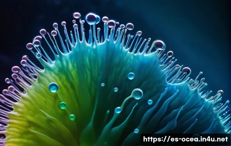 해양미생물학 연구 - **Prompt:** A mesmerizing, highly detailed macro photograph of a drop of ocean water, teeming with v...