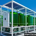 해양 미세조류 배양 기술 - A modern photobioreactor facility at a coastal Mediterranean research center, featuring large transp...