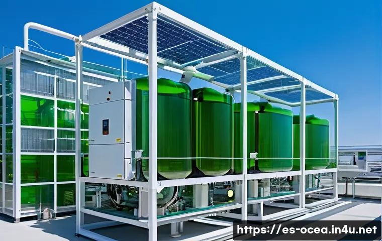해양 미세조류 배양 기술 - A modern photobioreactor facility at a coastal Mediterranean research center, featuring large transp...