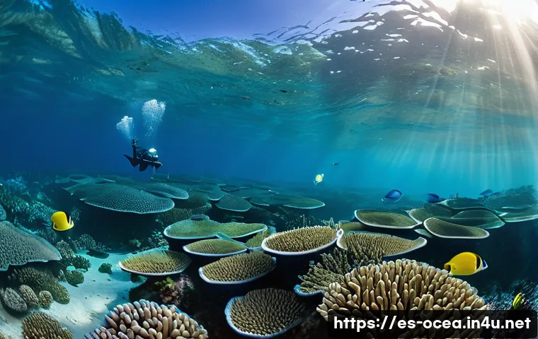 해양 생태 복원 프로젝트 - A vibrant underwater scene showcasing a restored coral reef off the coast of Veracruz, Mexico, teemi...