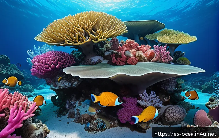해양생물 유전자 편집 기술 - A vibrant underwater coral reef scene showcasing genetically modified corals with enhanced resistanc...