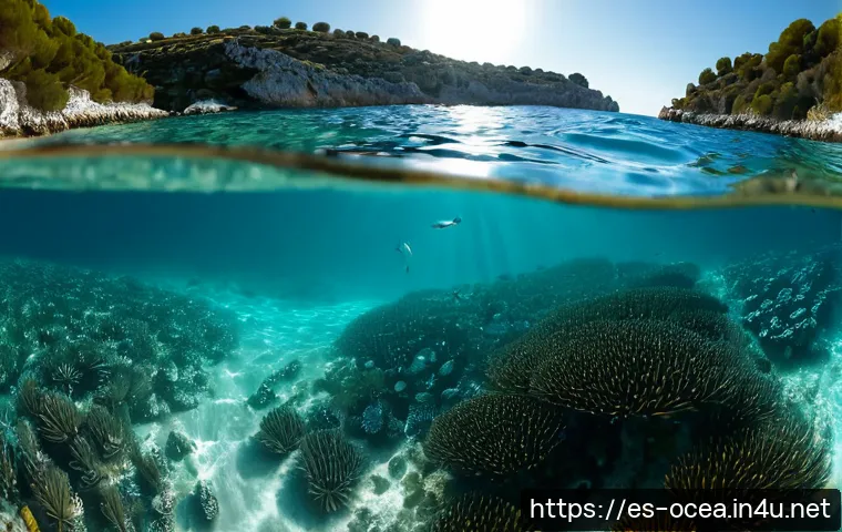 Home 17 바닷물 화학과 해양 생태 - Photorealistic underwater view of a clear Mediterranean coastal ecosystem near Spain, sunlit seagras...